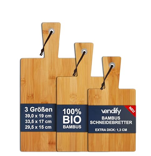 vendify® Schneidebrett 3er Set 100% Bambus Frühstücksbrettchen in 3 Größen - Antibakterielles Holz-Küchenbrett für Arbeitsplatte von vendify