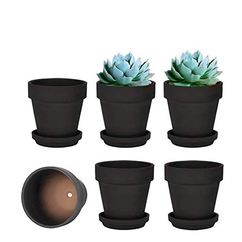 vensovo 10,2cm Schwarzer Tontopf für Pflanzen mit Untertasse - 6er Pack Kleiner Terrakotta-Pflanzentopf mit Drainageloch, Blumentopf mit Tablett, Terrakotta-Topf für Indoor Outdoor-Pflanzen von vensovo