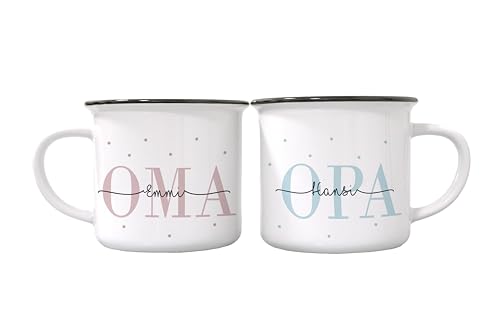 verschenkich | Personalisiertes 2er Set Tasse Oma + Opa | Keramik | Geschenkidee für die Großeltern | Schwangerschaft verkünden (Oma + Opa | Emailleoptik) von verschenkich