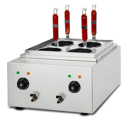 VERTES Gastro Nudelkocher Pastakocher Teigwarenkocher aus Edelstahl, Elektrisch, 2x 1700 Watt, 2 separate Kochbecken zu je 6 Liter, 4 Nudel-Körbe, 2x Ablasshahn, 2x Temperatureinstellung von vertes