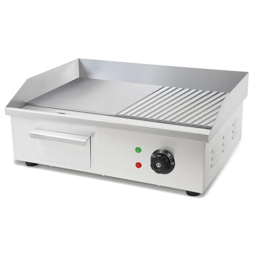 VERTES Grillplatte Bratplatte Plancha Grill Elektrisch 3000W aus Edelstahl Grillfläche Glatt & Mit Rillen 55x35cm, Thermostat, Temperatur 50-300°C, Spritz & Wärmeschutz, Auffangbehälter, Gummifüße von vertes