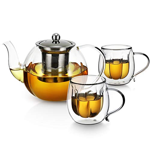 2tlg. Teekanne aus Borosilikatglas, doppelwandige Glasbecher Set, vor Warm isoliert, Glas Teebereiter aus Edelstahl-Sieb, Große Kapazität Teekanne von vevouk