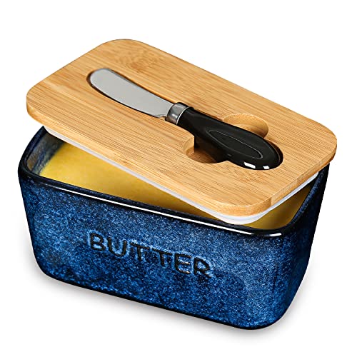 vicrays Butterdose aus Keramik, luftdichter Deckel, Butterbehälter mit Messer für Arbeitsplatte, großer Butterbehälter für West- oder Ostküsten-Butter, Blau von vicrays