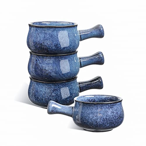 Vicrays 4er Set Porzellan Suppenschüsseln mit Griff, Keramik Schüsseln, Ofenfest Backgeschirr zum Servieren von Chili, 740 ml für Suppe, spülmaschinenfest, mikrowellengeeignet(blau) von vicrays