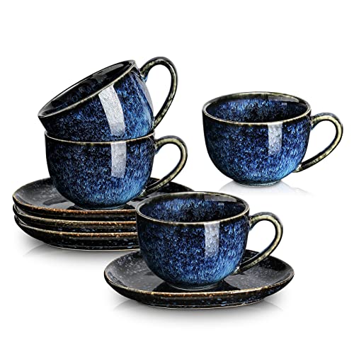 vicrays Cappuccino-Tassen mit Untertassen, Keramik, für Au Lait, Double Shot, Latte, Café, Mokka, Tee, 185 ml, 4 Stück (Sternenblau) von vicrays
