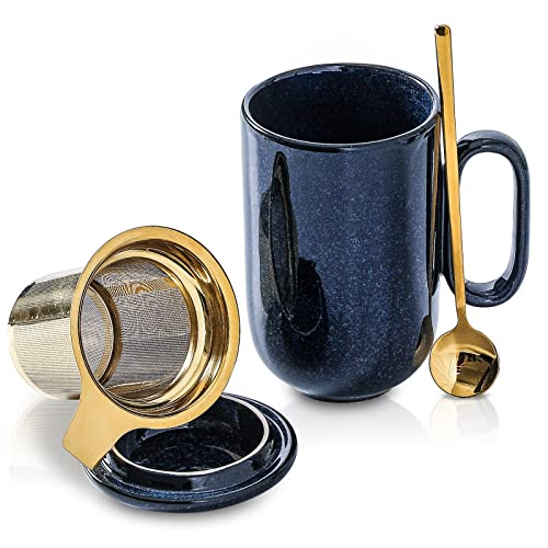 vicrays Keramik-Teetassen-Ei, groß, 473 ml, heißer, loser Griff, Teetasse mit Blatt-Ei, Löffeldeckel, blau, hochglasiert, Kaffeetasse, mikrowellengeeignet, Blau von vicrays