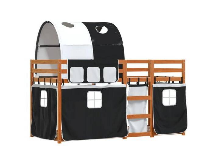 Vidaxl vidaXL Bett Etagenbett mit Vorhängen Weiß & Schwarz 75x190 cm Kiefernholz, braun schwarz, Hellbraun und Schwarz von vidaXL
