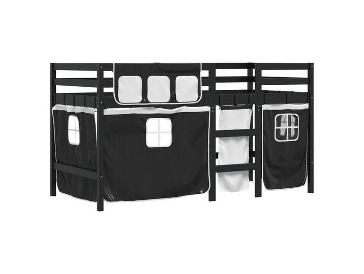 Vidaxl vidaXL Bett Kinderhochbett mit Vorhängen Weiß und Schwarz Massivholz Kiefer, schwarz, Schwarz und Weiß von vidaXL