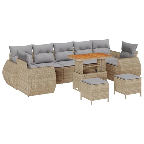 vidaXL 10-teiliges Garten-Sofa-Set mit Kissen Beige Poly Rattan für Balkon und Terrasse | Sitzkapazität 4 verstellbare Füße handgewebtes Design inklusive Tisch Outdoor-Modular-Couch Vier-Sitzer von vidaXL