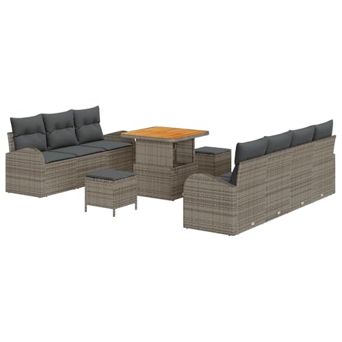 vidaXL 10-teiliges Garten Sofa Set mit Kissen Grau Poly Rattan Akazie, 2-Sitzer Garten Sofa mit Kissen Grau Poly Rattan von vidaXL