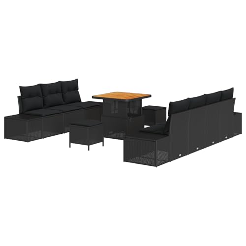 vidaXL 10-teiliges Garten Sofa Set mit Kissen Schwarz Poly-Rattan Akazie, 2-Sitzer Garten Sofa mit Stauraum & Kissen Schwarz Poly-Rattan von vidaXL