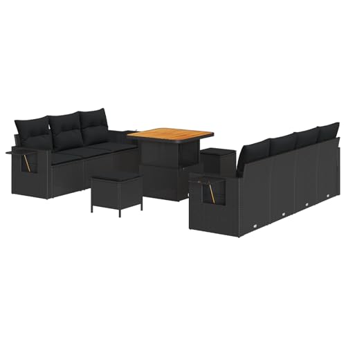 vidaXL 10-teiliges Garten Sofa Set mit Kissen Schwarz Poly Rattan Akazie, 3-teilige Garten Essgruppe mit Kissen Schwarz Poly Rattan Akazie von vidaXL