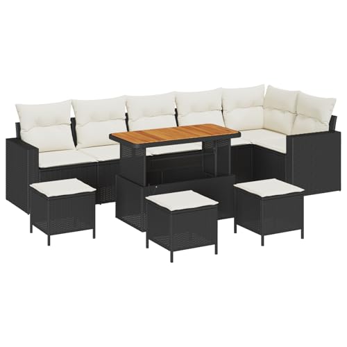 vidaXL 10-teiliges Garten-Sofa-Set mit Kissen Schwarz Poly-Rattan Akazie, 4-teiliges Garten-ESS-Set mit Kissen Schwarz Poly-Rattan Akazie von vidaXL