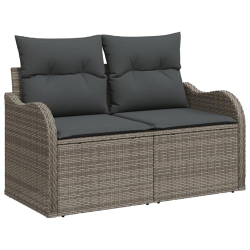 vidaXL 10-teiliges Garten Sofa Set mit Kissen grau Poly Rattan, 2-Sitzer Garten Sofa mit Stauraum & Kissen grau Poly Rattan von vidaXL
