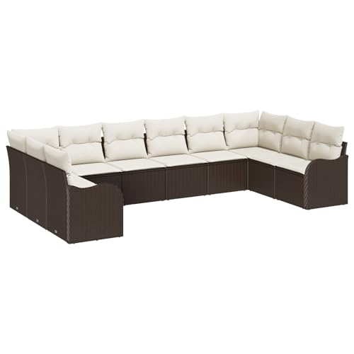vidaXL 10-teiliges Garten Sofa Set mit Kissen in Braun Poly Rattan, 2-Sitzer Garten Sofa mit Kissen in Braun Poly Rattan von vidaXL