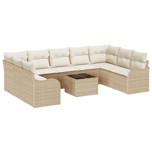 vidaXL 10-teiliges Garten Sofa Set mit Kissen in Braunem Poly Rattan, 2-Sitzer Garten Sofa mit Stauraum & Kissen in Beigem Poly Rattan von vidaXL