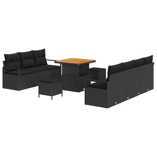 vidaXL 10-teiliges Gartensofa-Set mit Kissen Schwarz Poly Rattan Akazie, 2-Sitzer Gartensofa mit Stauraum & Kissen Schwarz Poly Rattan, 3-teiliges Gartendining-Set mit Kissen Schwarz Poly Rattan Aka von vidaXL