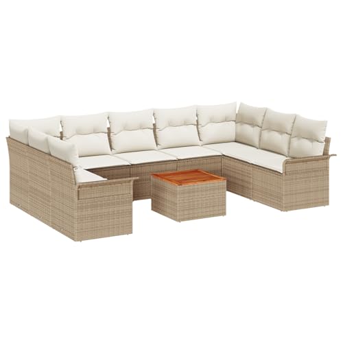 vidaXL 10-teiliges Outdoor Sofa Set mit Kissen Beige Poly Rattan Akazienholz Kaffeetisch Bequeme Sitzgelegenheit für 12 Modernes Design Patios Gärten oder Balkone Garten Patio Möbel Couch Balkon von vidaXL