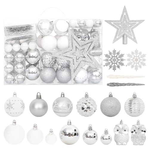 vidaXL Weihnachtskugel Set 108-tlg. Christbaumkugeln Baumschmuck Weihnachtsbaumkugeln Weihnachten Weihnachtsschmuck Baumspitze Silbern Weiß von vidaXL