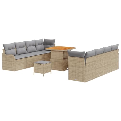 vidaXL 11-teiliges Garten Sofa Set mit Kissen Beigefarben Poly Rattan Akazie, 2-Sitzer Garten Sofa mit Stauraum & Kissen Beigefarben Poly Rattan, 3-teiliges Garten Essset mit Kissen Beigefarben Poly von vidaXL