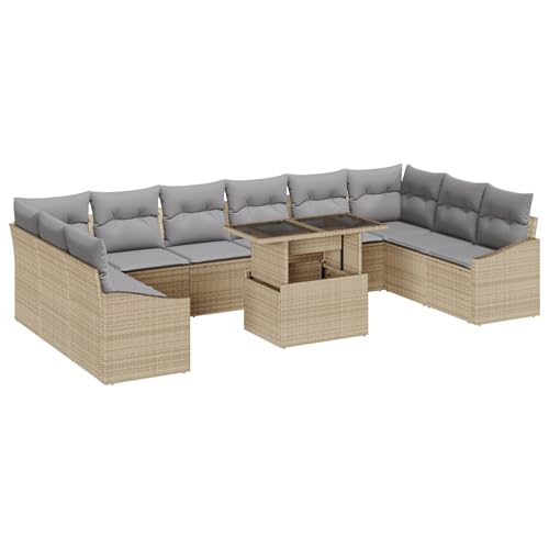 vidaXL 11-teiliges Garten-Sofa-Set mit Kissen Outdoor-Möbel Poly Rattan Beige Grau Wetterfest Bequem Lounge für Balkon Patio Sitzbereich Lounging Rechteckig Zeitgenössisch von vidaXL