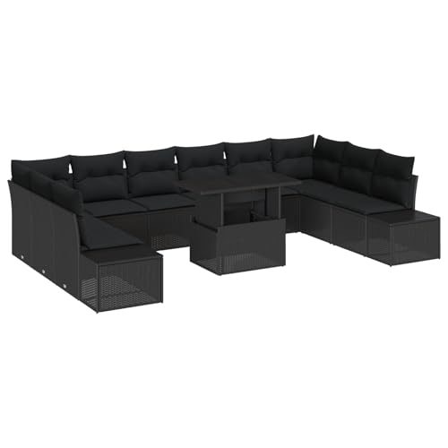 vidaXL 11-teiliges Garten-Sofa-Set mit Kissen | Outdoor-Möbel | Rechteckig | Schwarz | Poly-Rattan | Sitzbank | Patio | Modular | Robust von vidaXL