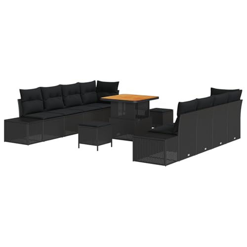 vidaXL 11-teiliges Garten Sofa Set mit Kissen Schwarz Poly Rattan Akazie, 2-Sitzer Garten Sofa mit Stauraum & Kissen Schwarz Poly Rattan, 3-teiliges Garten ESS-Set mit Kissen Schwarz Poly Rattan Aka von vidaXL