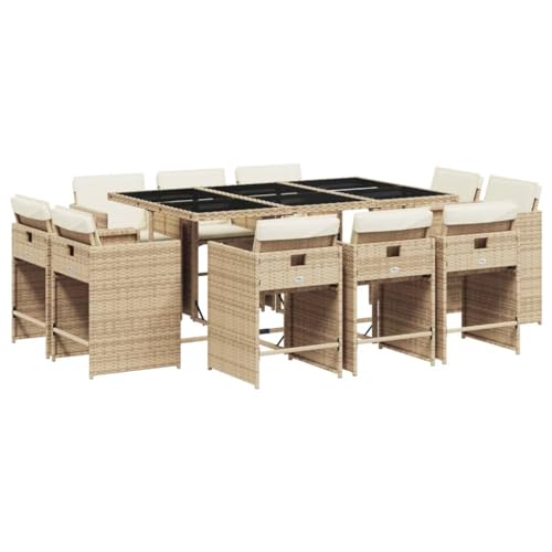 vidaXL Garten Essgruppe 11-TLG., Gartenmöbel Set Tisch mit Glasplatte 10 Stühle, Gartengarnitur mit Kissen, Sitzgruppe Terrasse, Beige Poly Rattan von vidaXL