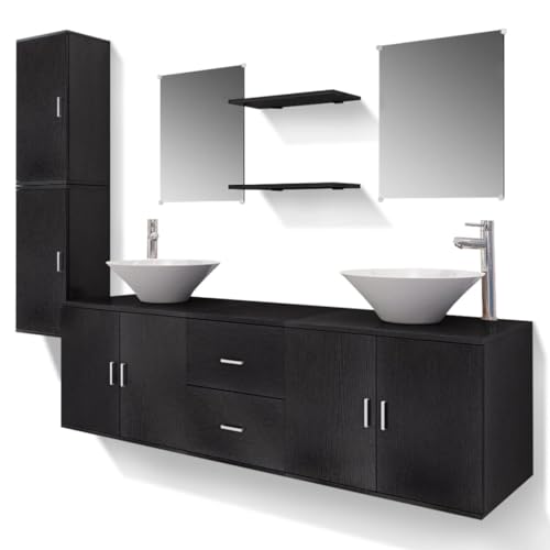 vidaXL 11tlg. Badmöbel-Set Waschbecken Waschtisch Wasserhahn Spiegel Badezimmer von vidaXL