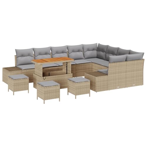 vidaXL 13-teiliges Garten Sofa Set mit Kissen Beige Poly Rattan Akazie, 2-Sitzer Garten Sofa mit Stauraum & Kissen Beige Poly Rattan von vidaXL