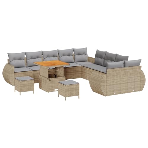 vidaXL 13-teiliges Garten Sofa Set mit Kissen Beige Poly Rattan Akazie, 3-teiliges Garten ESS-Set mit Kissen Beige Poly Rattan Akazie von vidaXL