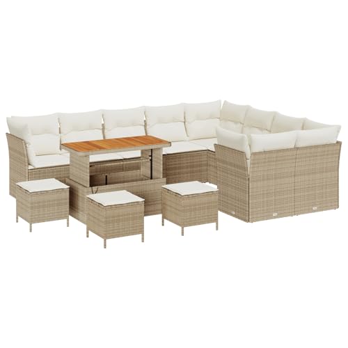 vidaXL 13-teiliges Garten-Sofa-Set in Beige und Creme-Weiß mit Kissen. Modulares Rattan-Gartenmöbel für Balkon, Terrasse und entspannte Sitzmöglichkeiten. Sofas und Stühle aus modernem Akazienholz. von vidaXL