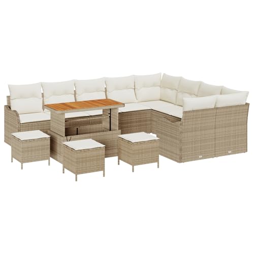 vidaXL 13-teiliges Garten Sofa Set mit Kissen Beige Poly Rattan Akazie, 4-teiliges Garten Esszimmer Set mit Kissen Beige Poly Rattan Akazie, 2-Sitzer Garten Sofa mit Kissen Beige Poly Rattan von vidaXL