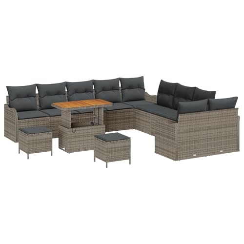 vidaXL 13-teiliges Garten Sofa Set mit Kissen Grau Poly Rattan Akazie, 2-Sitzer Garten Sofa mit Stauraum & Kissen Grau Poly Rattan, 3-teiliges Garten ESS-Set mit Kissen Grau Poly Rattan Akazie von vidaXL