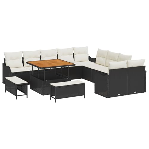 vidaXL 13-teiliges Garten-Sofa-Set mit Kissen Schwarz Poly-Rattan Akazie, 2-Sitzer Garten-Sofa mit Stauraum & Kissen Schwarz Poly-Rattan, 3-teiliges Garten-Dining-Set mit Kissen Schwarz Poly-Rattan von vidaXL