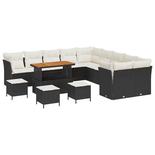 vidaXL 14-teiliges Garten-Sofa-Set mit cremefarbenen Kissen, schwarzem Poly-Rattan, 8-Sitz-Ecksofa für draußen, Terrasse, modernes Patio, Alfresco-Living-Set, Lounge-Deko, Entspannung von vidaXL