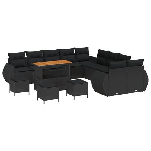 vidaXL 14-teiliges Garten-Sofa-Set mit Kissen Schwarz Poly Rattan Akazie, 4-teiliges Garten-ESS-Set mit Kissen Schwarz Poly Rattan Akazie von vidaXL