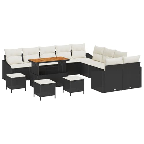 vidaXL 14-teiliges Gartensofa Set mit Kissen Schwarz Poly-Rattan Akazie, 2-Sitzer Gartensofa mit Kissen Schwarz Poly-Rattan von vidaXL
