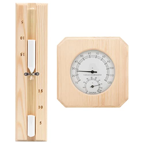 vidaXL 2-in-1 Sauna Hygrothermograph Sanduhr Set Saunazubehör Hygrometer Thermometer Saunauhr Klimamesser Glas Hitzebeständig Massivholz Kiefer von vidaXL