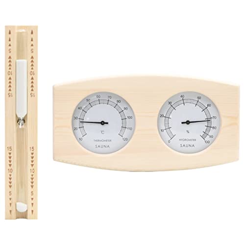 vidaXL 2-in-1 Sauna Hygrothermograph Sanduhr Set Saunazubehör Hygrometer Thermometer Saunauhr Klimamesser Glas Hitzebeständig Massivholz Kiefer von vidaXL