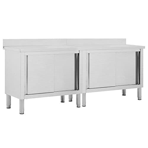 vidaXL 2X Arbeitsschrank mit Schiebetüren Arbeitstisch Arbeitsplatte Edelstahlschrank Gastro Schrank Schiebetürenschrank 200x50x(95-97) cm Edelstahl von vidaXL