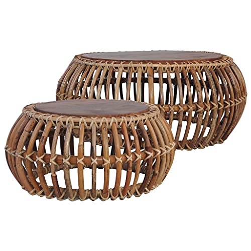 vidaXL 2X Couchtisch Beistelltisch Wohnzimmertisch Satztisch Kaffeetisch Sofatisch Rattan-Tisch Tisch Natur Rattan Holz-Tischplatte von vidaXL