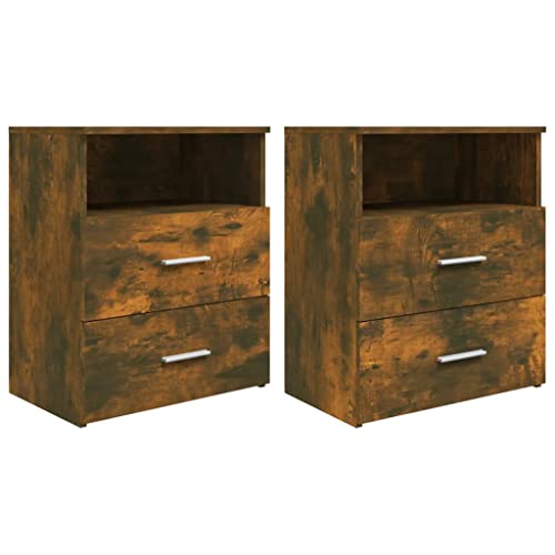 vidaXL 2X Nachttisch 1 Fach 2 Schubladen Nachtschrank Nachtkonsole Nachtkommode Schlafzimmer Schrank Kommode Räuchereiche 50x32x60cm Holzwerkstoff von vidaXL