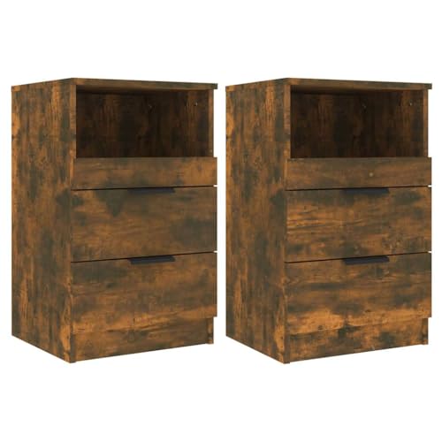 vidaXL 2X Nachttisch 2 Schubladen 1 Fach Nachtschrank Nachtkonsole Nachtkommode Schlafzimmer Schrank Kommode Räuchereiche Holzwerkstoff von vidaXL