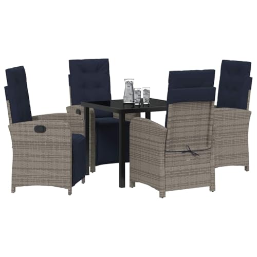 vidaXL 2er Set verstellbare Gartenstühle in Grau aus Poly-Rattan, mit Fußstütze und verstellbarer Rückenlehne, dazu navy blaue Kissen. Bequeme Outdoor-Sitzmöbel für Terrasse, Patio, Lounge und Wohnzim von vidaXL