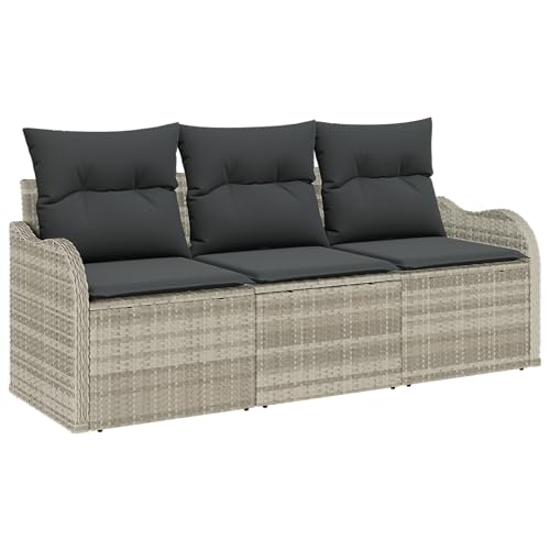 vidaXL 3-Teiliges Garten Sofa Set mit Kissen Hellgrau Poly Rattan, 2-Sitzer Garten Sofa mit Stauraum & Kissen Hellgrau Poly Rattan von vidaXL