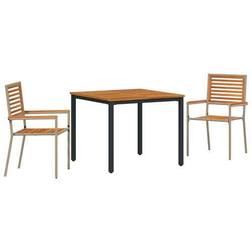 vidaXL 3-teilige Garten Essgruppe Beige Poly Rattan Akazie, Stapelbare Gartenstühle mit Kissen - 2er Set in Beige Poly Rattan, Gartentisch 90x90x75 cm aus massivem Akazienholz und Metall von vidaXL