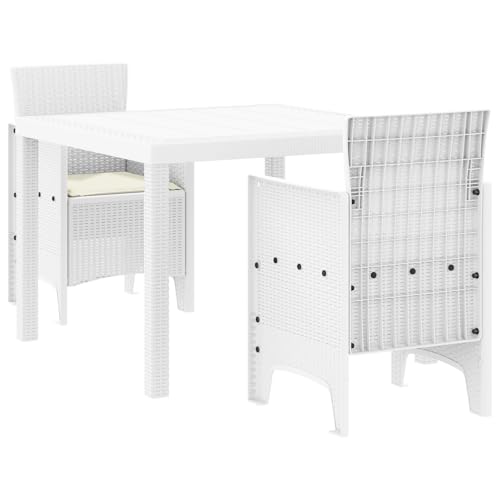 vidaXL 3-teilige Garten-Essgruppe mit Kissen Weiß Poly-Rattan | Rechteckiger Tisch und 2 Stühle | Wasserdicht | UV-resistent | Zeitgenössische Balkonmöbel für draußen von vidaXL