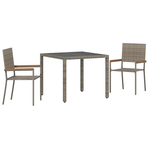 vidaXL 3-teiliges Garten Esstisch-Set Grau Poly-Rattan, Stapelbare Gartenstühle mit Kissen 2er Set Grau Poly-Rattan von vidaXL