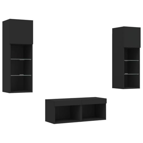 vidaXL TV Wohnwand 4-TLG., Wandschrank mit viel Stauraum, Fernsehschrank Schrank mit LED-Leuchten, Wandmontage TV Einheit Möbel Wohnzimmer Set, Schwarz von vidaXL